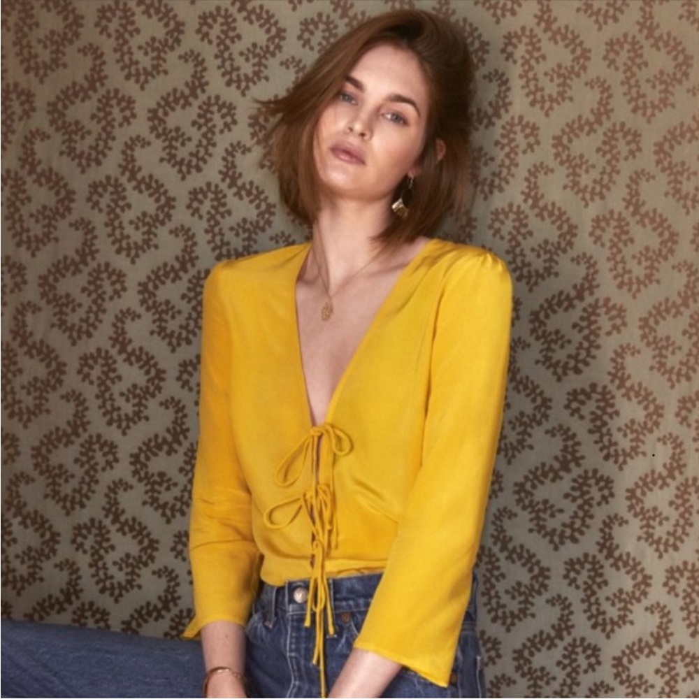 Sezane yellow silk Gloria blouse